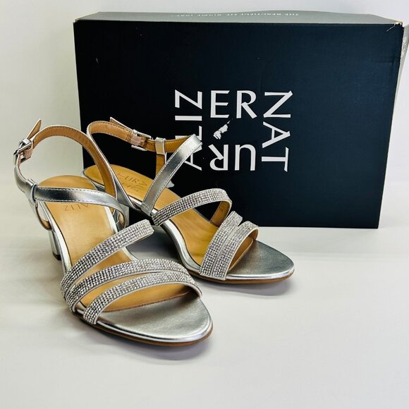 Naturalizer Bridget 4 Rhinestone Block Heel Sandal Size 6M Silver Dress Shoe - Picture 1 of 16